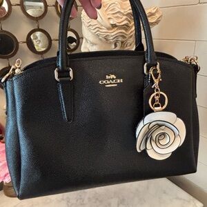 Coach Black Leather Handbag w Cross Body Leather and Pearl Straps + Flower Charm